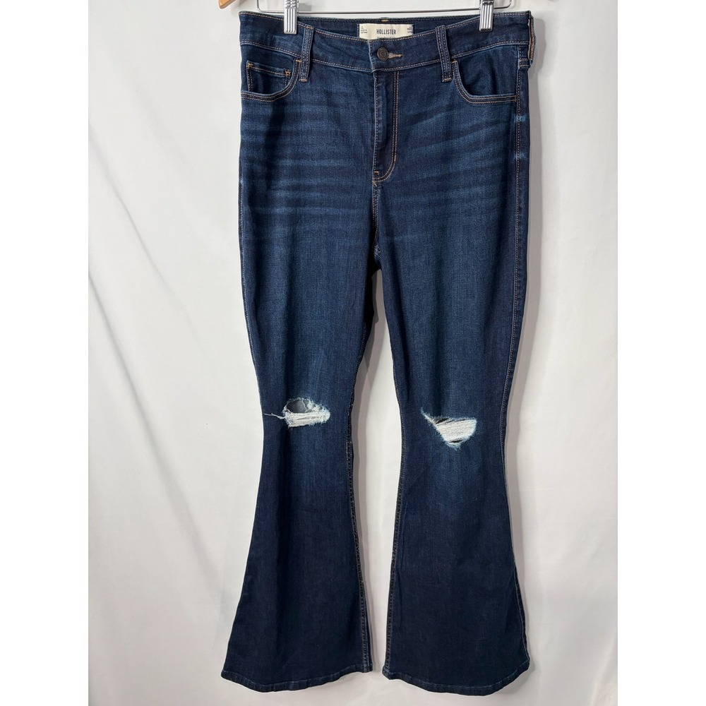Hollister High Rise Flare Jeans Dark Wash Distressed Knees 12L W31 Long Y2K Boho